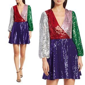 Alice + Olivia Blaze Colorblock Sequin Mini Dress Puff Sleeve Wrap Fit and Flare
